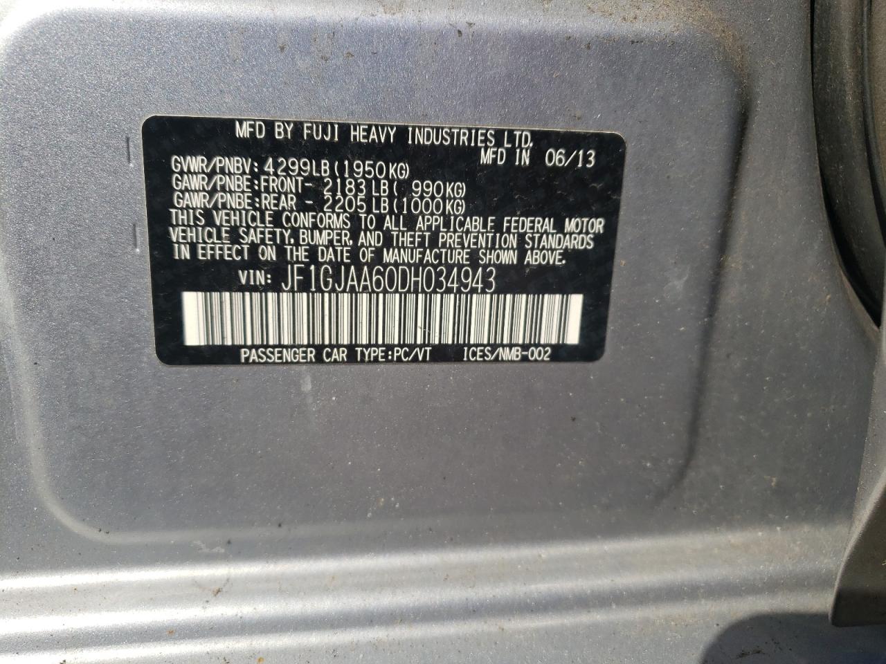 Photo 10 from auction – 2013 SUBARU IMPREZA with VIN JF1GJAA60DH034943