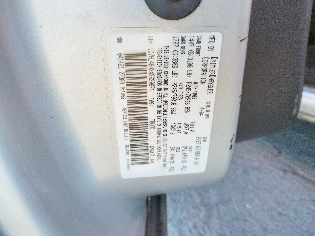 Photo 10 from auction – 2004 DODGE DAKOTA QUA with VIN 1D7HL48NX4S690874