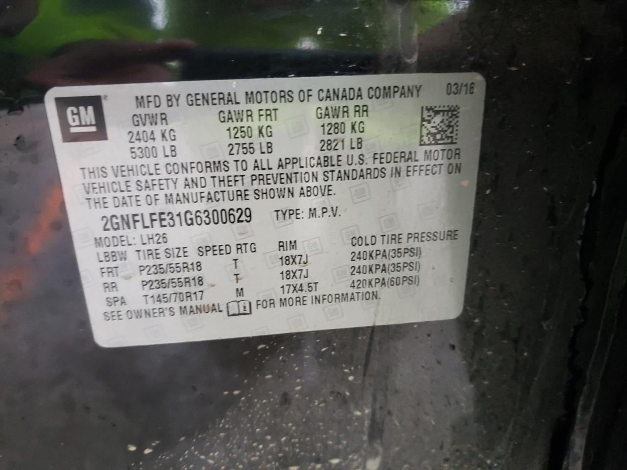 Photo 10 from auction – 2016 CHEVROLET EQUINOX LT with VIN 2GNFLFE31G6300629