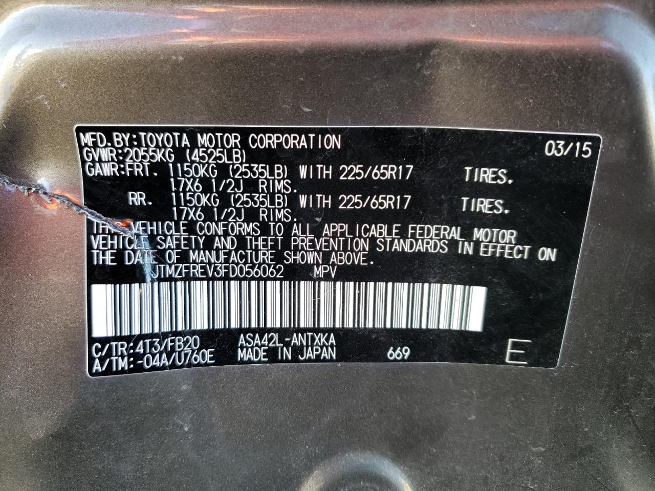 Photo 10 from auction – 2015 TOYOTA RAV4 LE with VIN JTMZFREV3FD056062