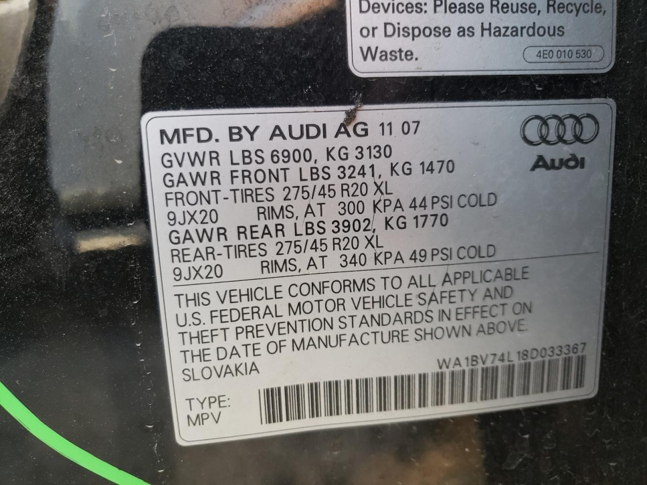Photo 10 from auction – 2008 AUDI Q7 4.2 QUA with VIN WA1BV74L18D033367