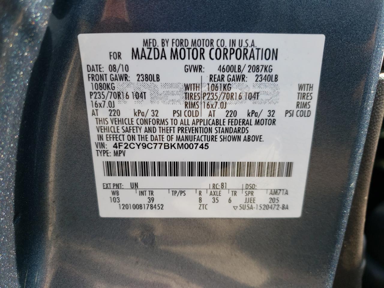 Photo 10 from auction – 2011 MAZDA TRIBUTE I with VIN 4F2CY9C77BKM00745