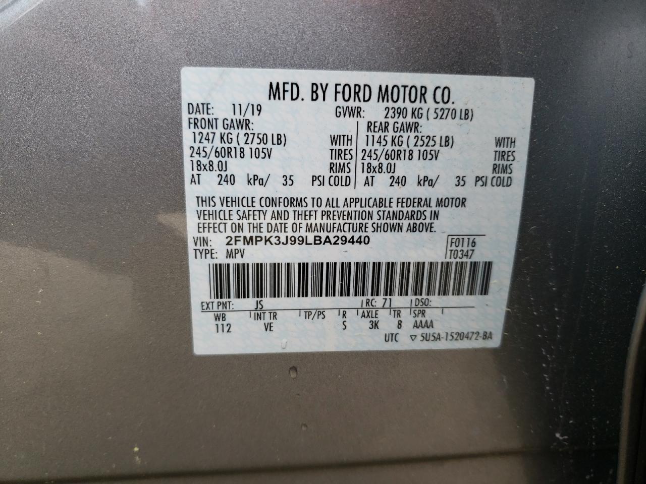 Photo 10 from auction – 2020 FORD EDGE SEL with VIN 2FMPK3J99LBA29440