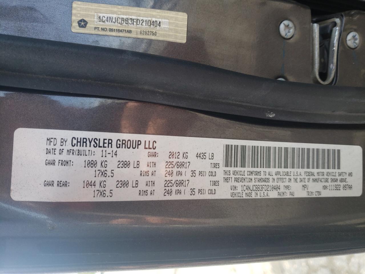 Photo 10 from auction – 2015 JEEP COMPASS SP with VIN 1C4NJCBB3FD210404