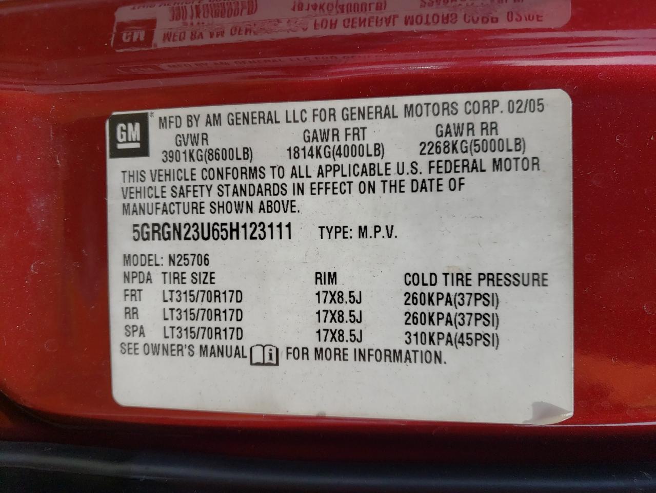 Photo 10 from auction – 2005 HUMMER H2 with VIN 5GRGN23U65H123111