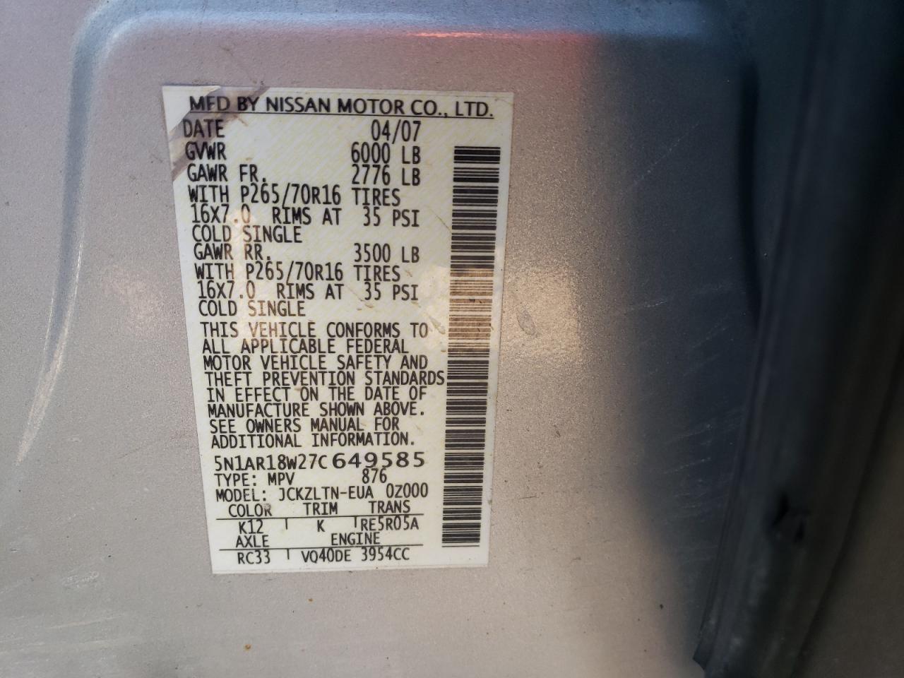 Photo 10 from auction – 2007 NISSAN PATHFINDER with VIN 5N1AR18W27C649585
