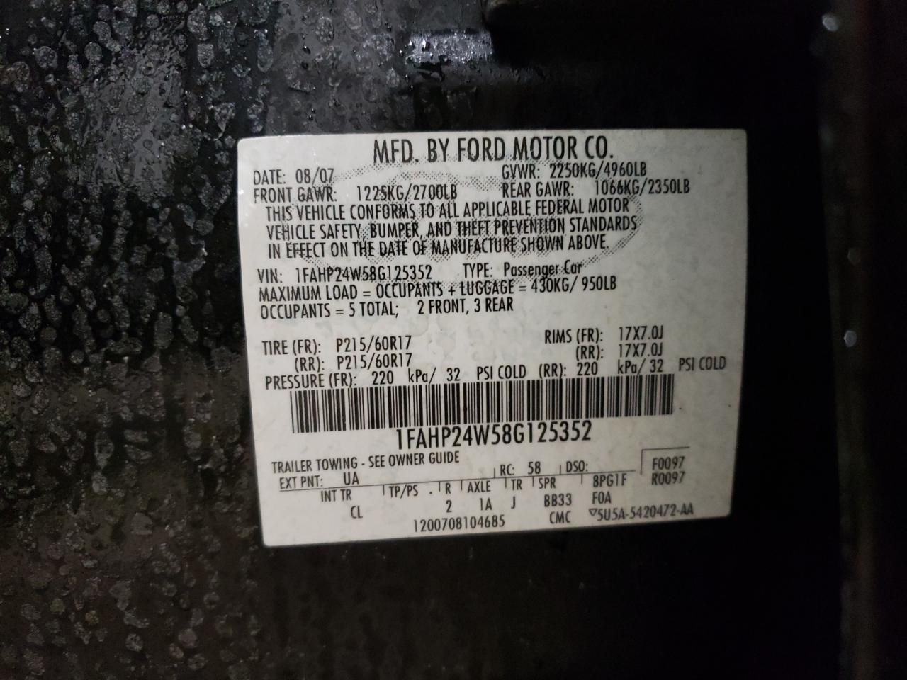 Foto 10 de la subasta – 2008 FORD TAURUS con VIN 1FAHP24W58G125352