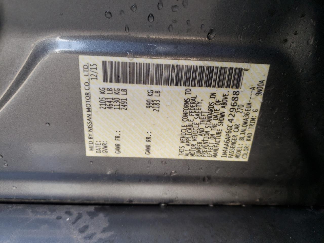 Photo 10 from auction – 2016 NISSAN MAXIMA 3.5 with VIN 1N4AA6AP6GC429688