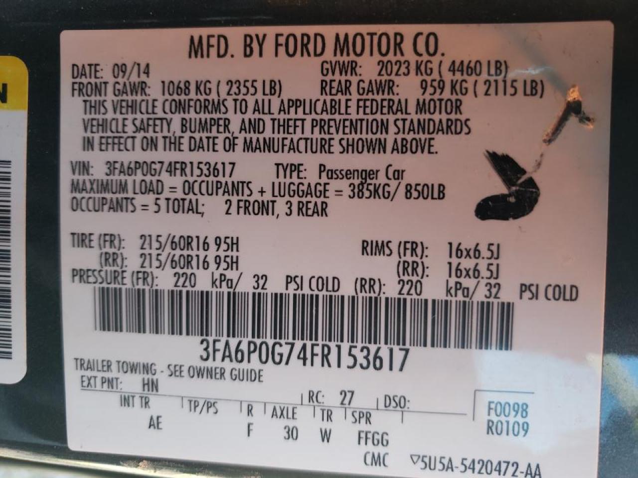 Photo 10 from auction – 2015 FORD FUSION S with VIN 3FA6P0G74FR153617