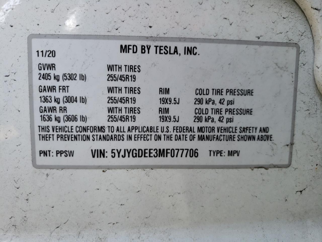 Photo 10 from auction – 2021 TESLA MODEL Y with VIN 5YJYGDEE3MF077706