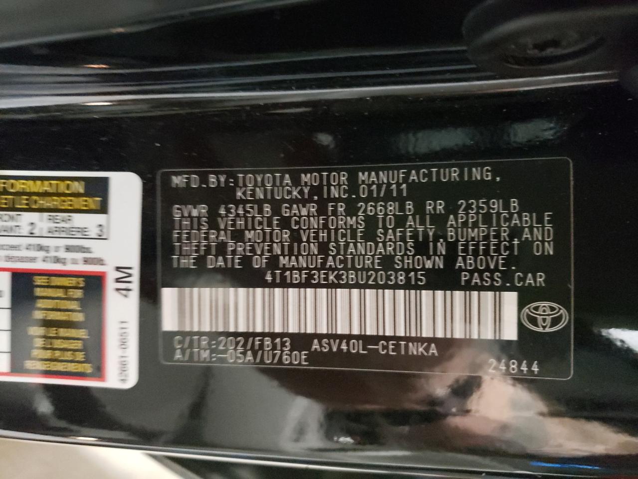 Photo 10 from auction – 2011 TOYOTA CAMRY BASE with VIN 4T1BF3EK3BU203815