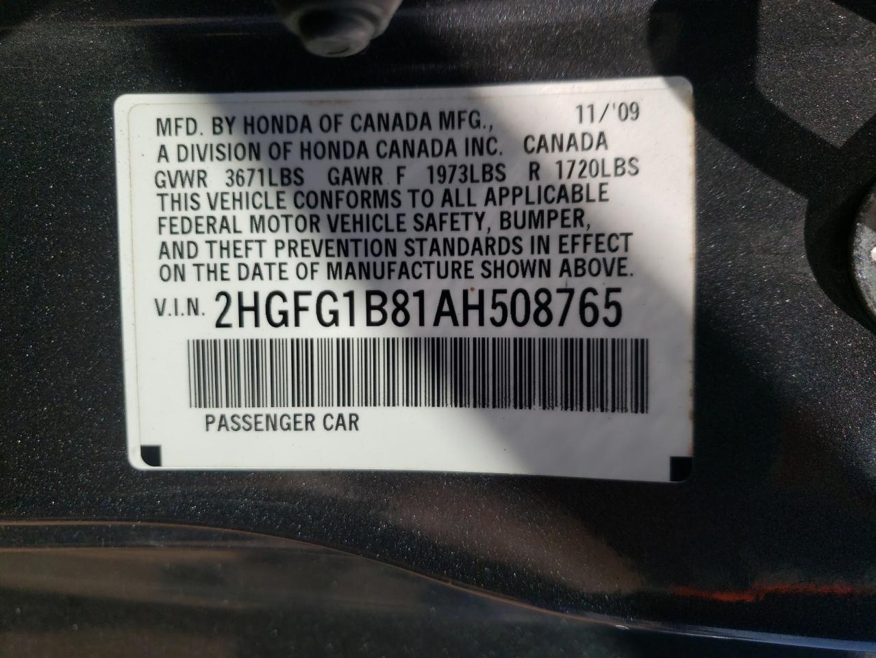 Photo 10 from auction – 2010 HONDA CIVIC EX with VIN 2HGFG1B81AH508765
