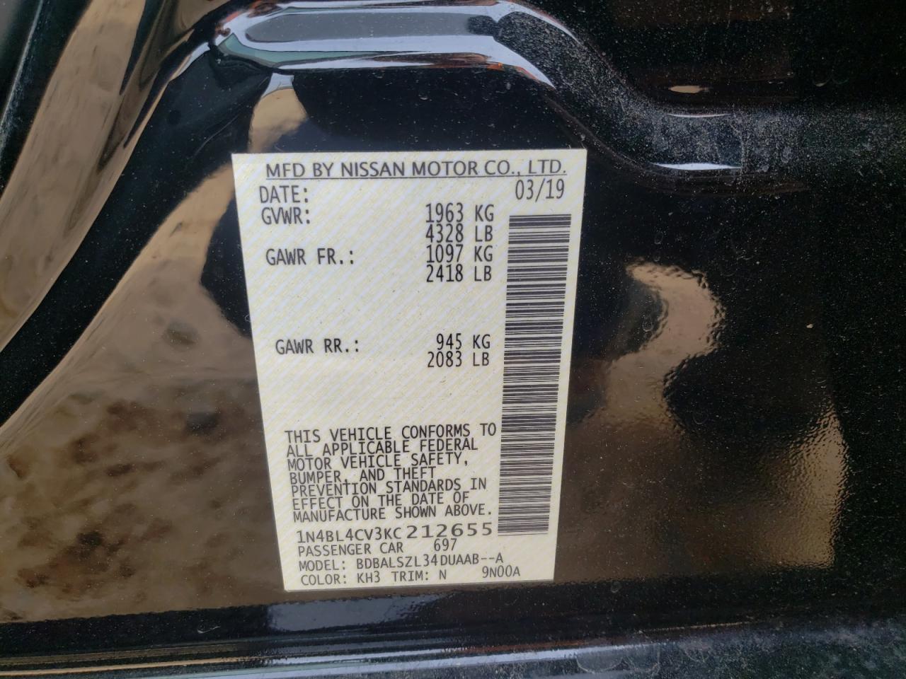 Photo 10 from auction – 2019 NISSAN ALTIMA SR with VIN 1N4BL4CV3KC212655