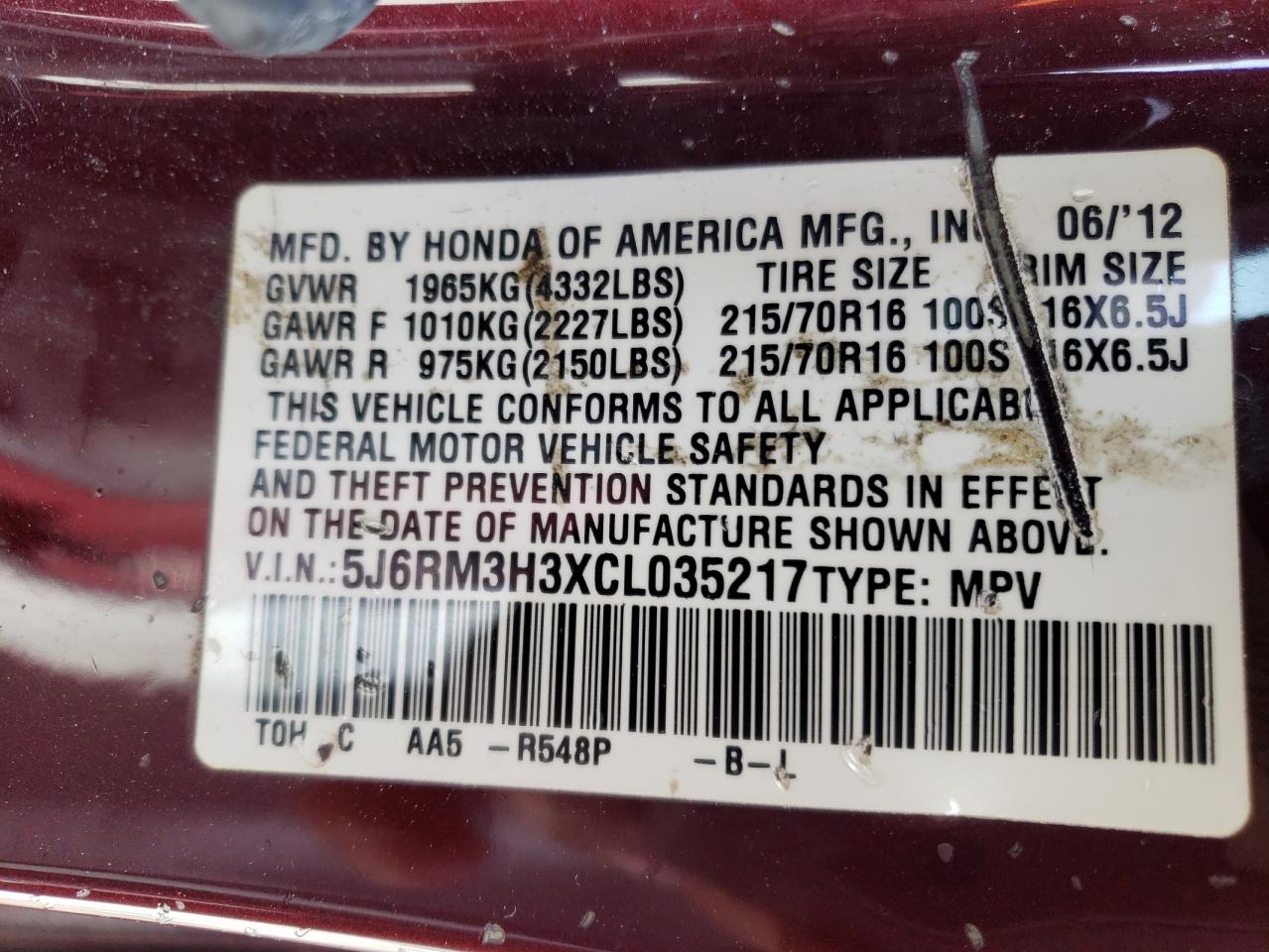 Photo 10 from auction – 2012 HONDA CR-V LX with VIN 5J6RM3H3XCL035217
