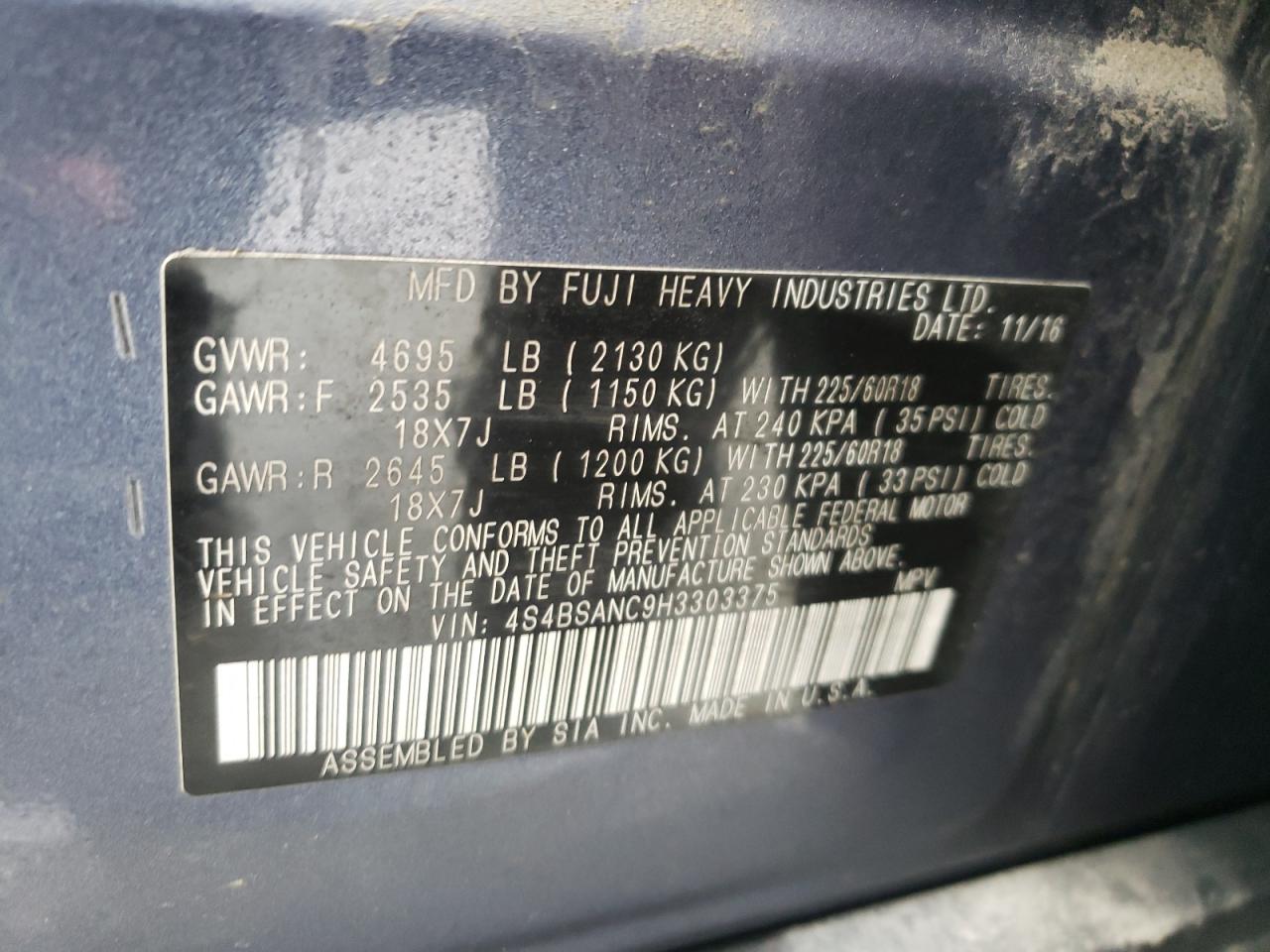 Photo 10 from auction – 2017 SUBARU OUTBACK 2. with VIN 4S4BSANC9H3303375