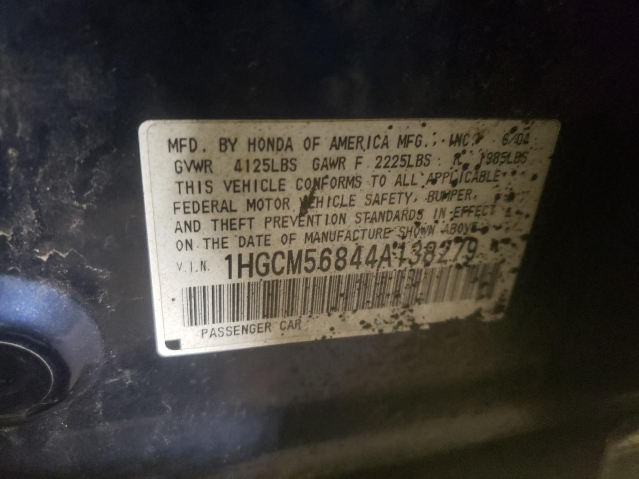 Photo 10 from auction – 2004 HONDA ACCORD with VIN 1HGCM56844A138279