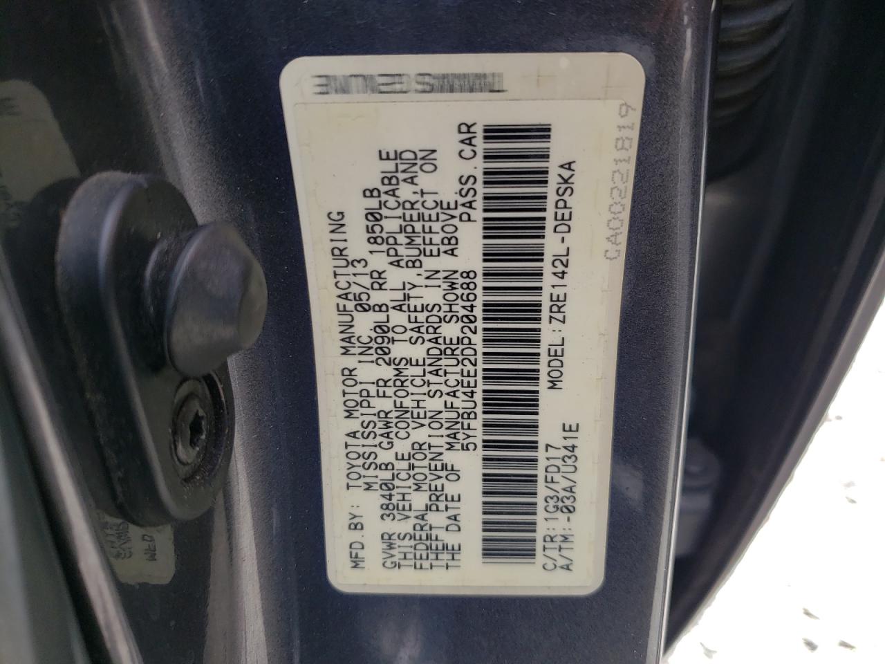 Photo 10 from auction – 2013 TOYOTA COROLLA BA with VIN 5YFBU4EE2DP204688