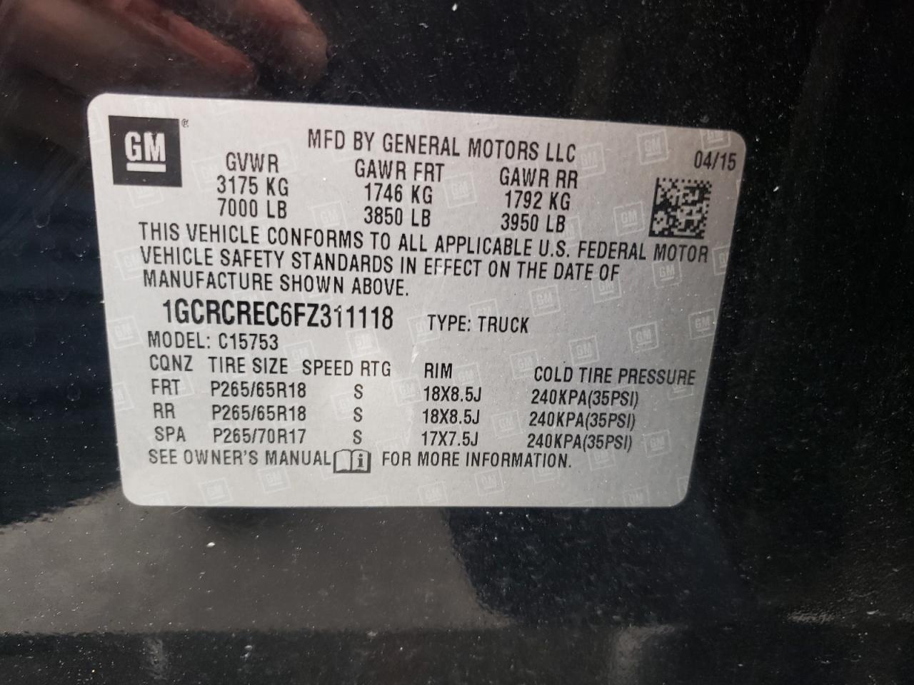 Photo 10 from auction – 2015 CHEVROLET SILVERADO with VIN 1GCRCREC6FZ311118