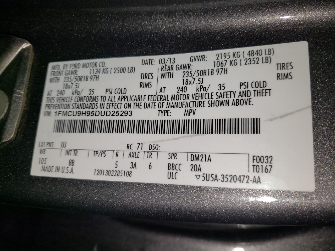 Photo 10 from auction – 2013 FORD ESCAPE SEL with VIN 1FMCU9H95DUD25293