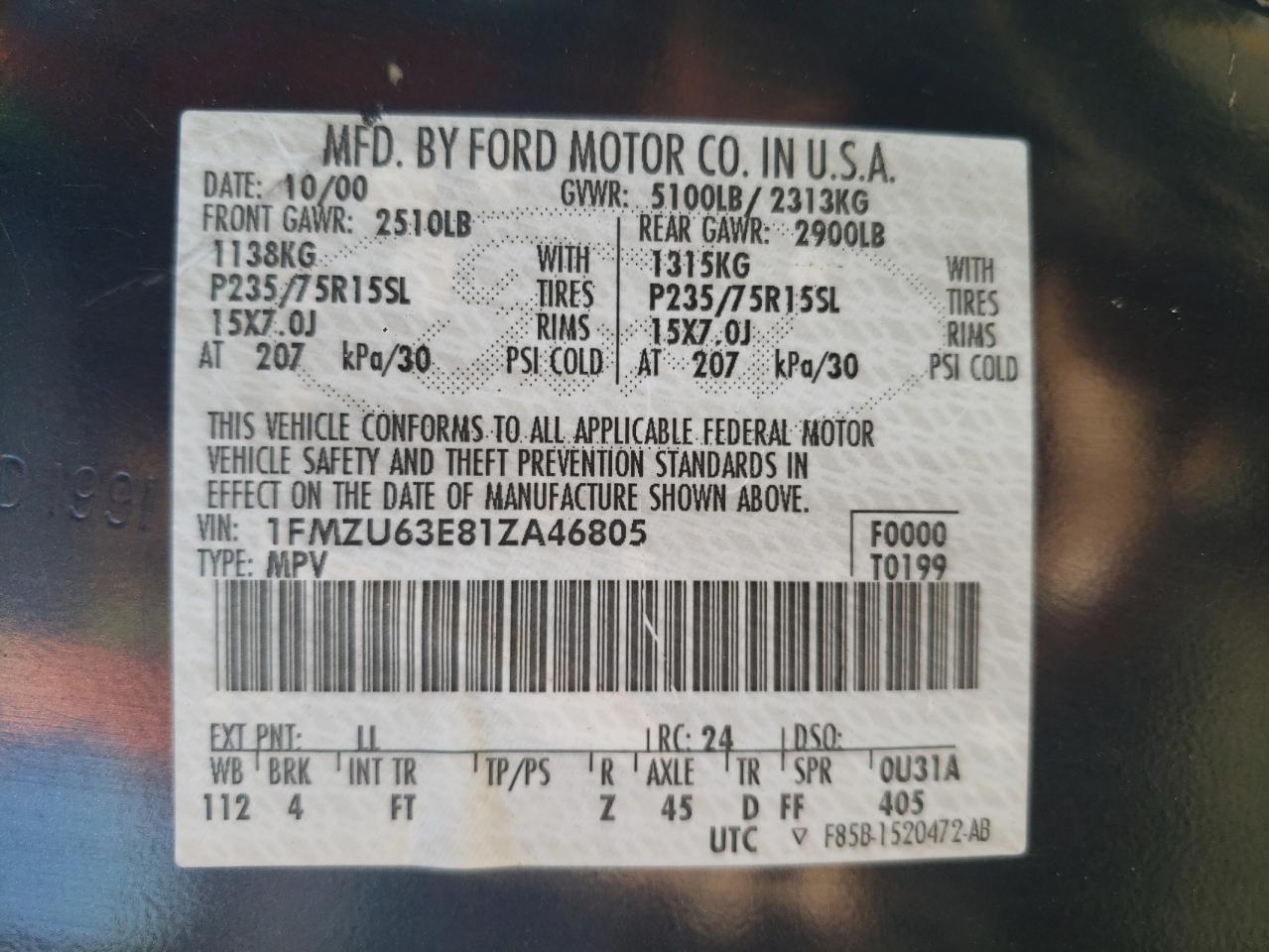 Photo 10 from auction – 2001 FORD EXPLORER X with VIN 1FMZU63E81ZA46805
