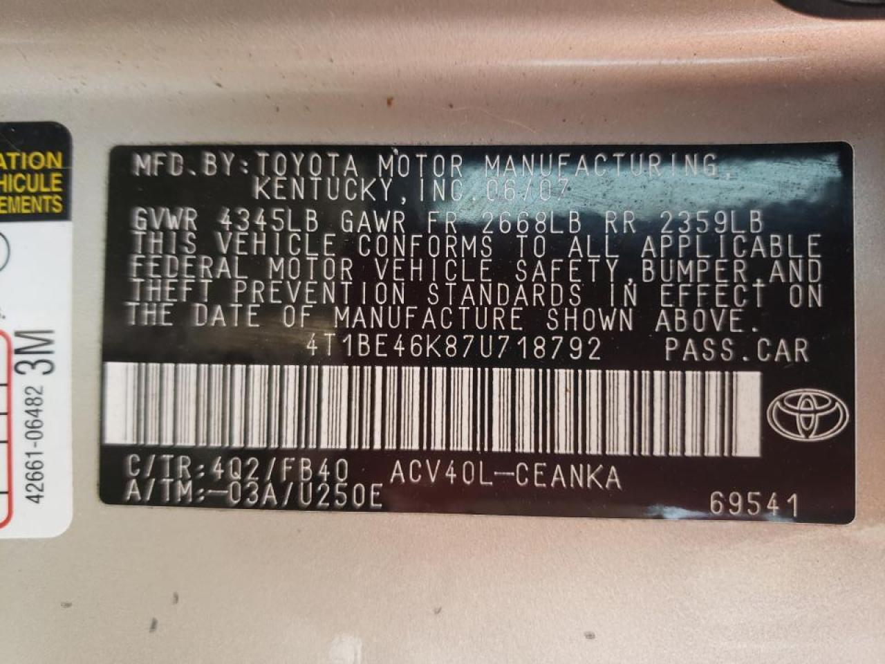 Photo 10 from auction – 2007 TOYOTA CAMRY CE with VIN 4T1BE46K87U718792