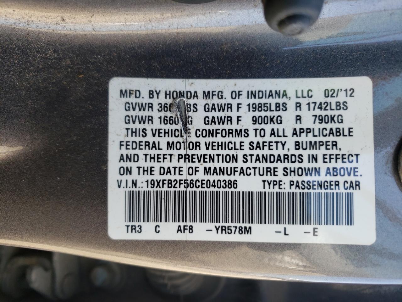 Photo 10 from auction – 2012 HONDA CIVIC LX with VIN 19XFB2F56CE040386