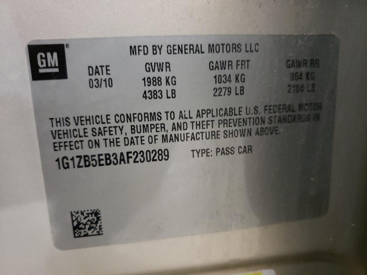Photo 10 from auction – 2010 CHEVROLET MALIBU LS with VIN 1G1ZB5EB3AF230289