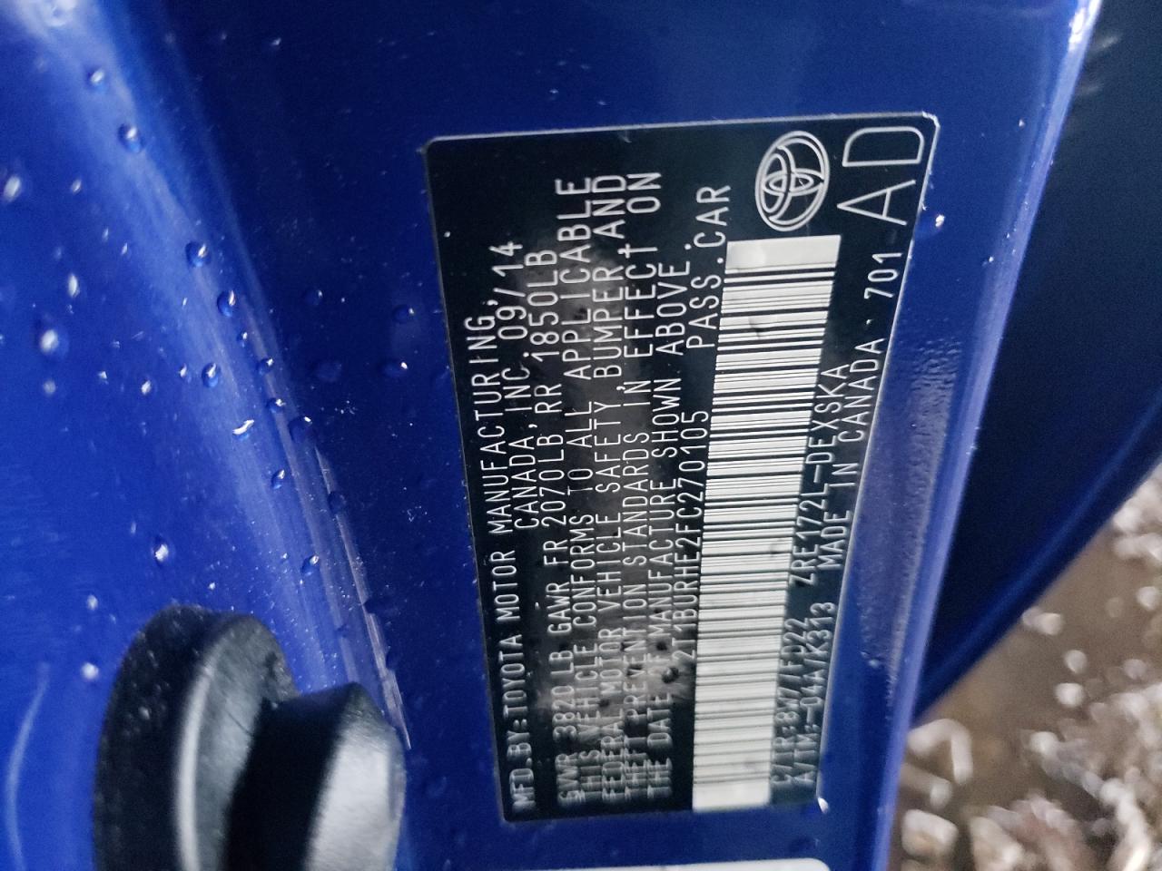 Zdjęcie 10 z aukcji – 2015 TOYOTA COROLLA L z VIN 2T1BURHE2FC270105