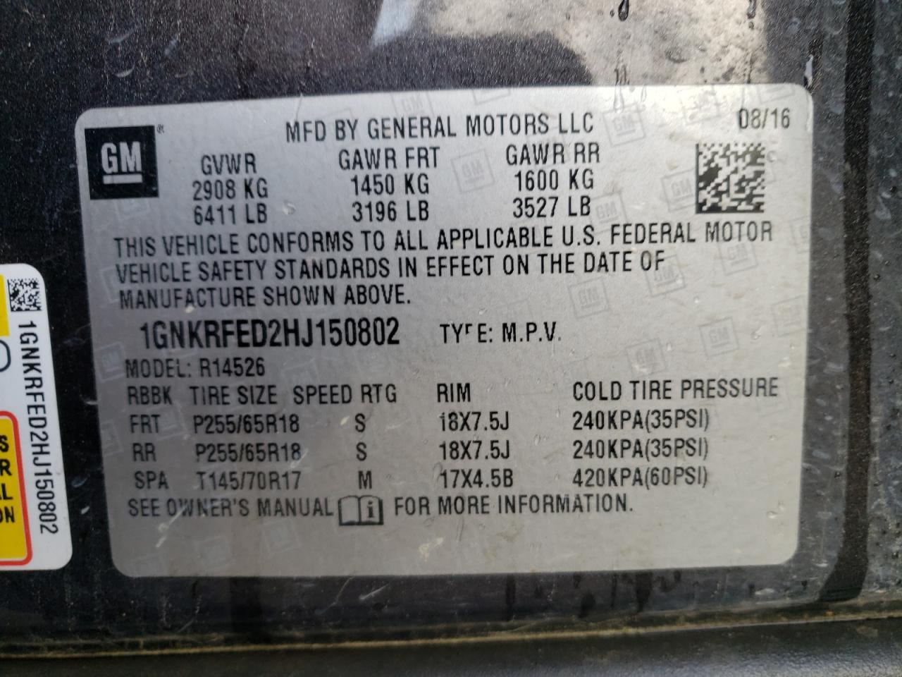 Photo 10 from auction – 2017 CHEVROLET TRAVERSE L with VIN 1GNKRFED2HJ150802