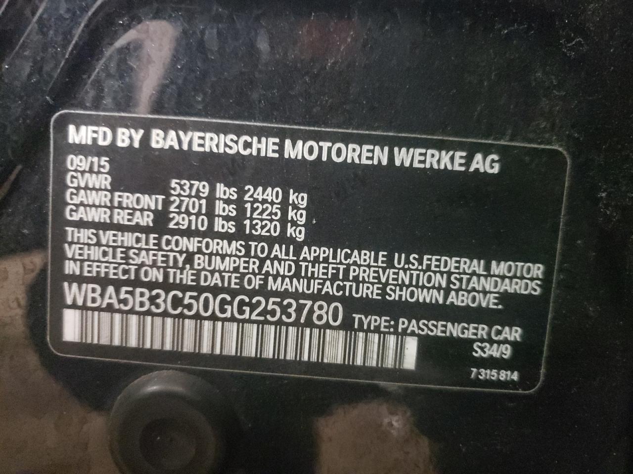 Photo 10 from auction – 2016 BMW 535 XI with VIN WBA5B3C50GG253780