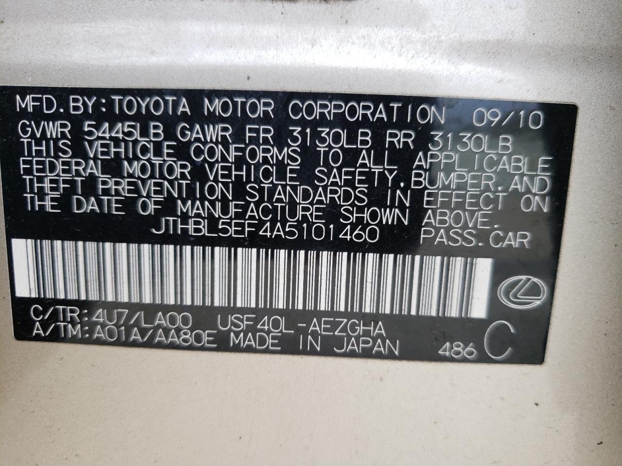 Photo 10 from auction – 2010 LEXUS LS 460 with VIN JTHBL5EF4A5101460