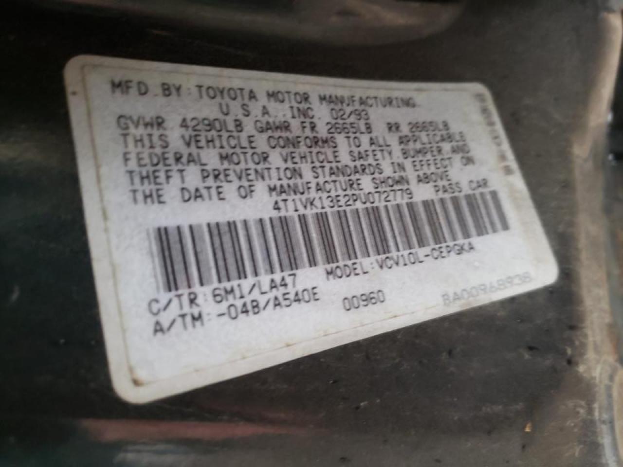 Photo 10 from auction – 1993 TOYOTA CAMRY with VIN 4T1VK13E2PU072779