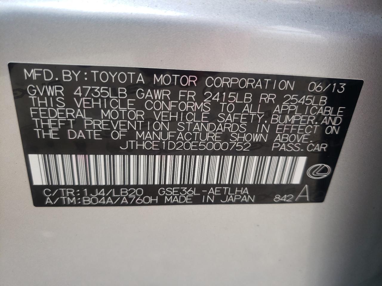 Photo 10 from auction – 2014 LEXUS IS 350 with VIN JTHCE1D20E5000752