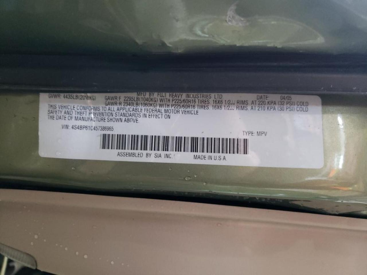 Photo 10 from auction – 2005 SUBARU LEGACY OUT with VIN 4S4BP61C457386965