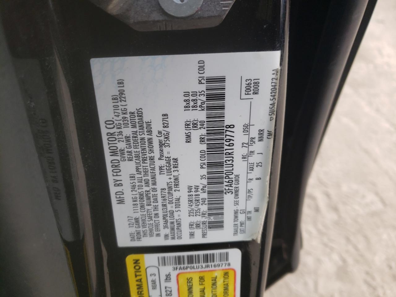 Photo 10 from auction – 2018 FORD FUSION SE with VIN 3FA6P0LU3JR169778