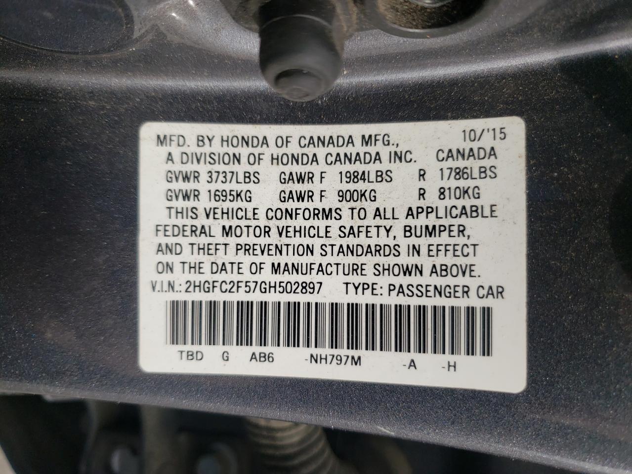 Photo 10 from auction – 2016 HONDA CIVIC LX with VIN 2HGFC2F57GH502897