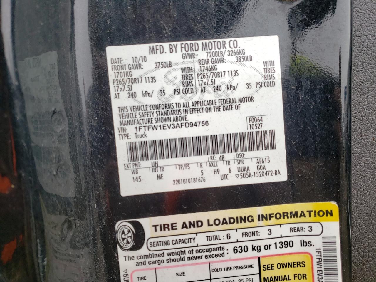 Photo 10 from auction – 2010 FORD F150 SUPER with VIN 1FTFW1EV3AFD94756