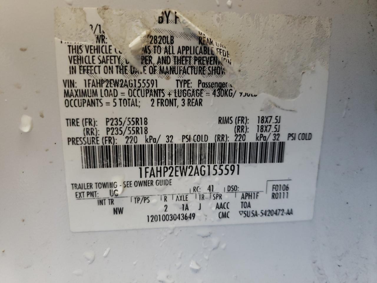 Photo 10 from auction – 2010 FORD TAURUS SEL with VIN 1FAHP2EW2AG155591