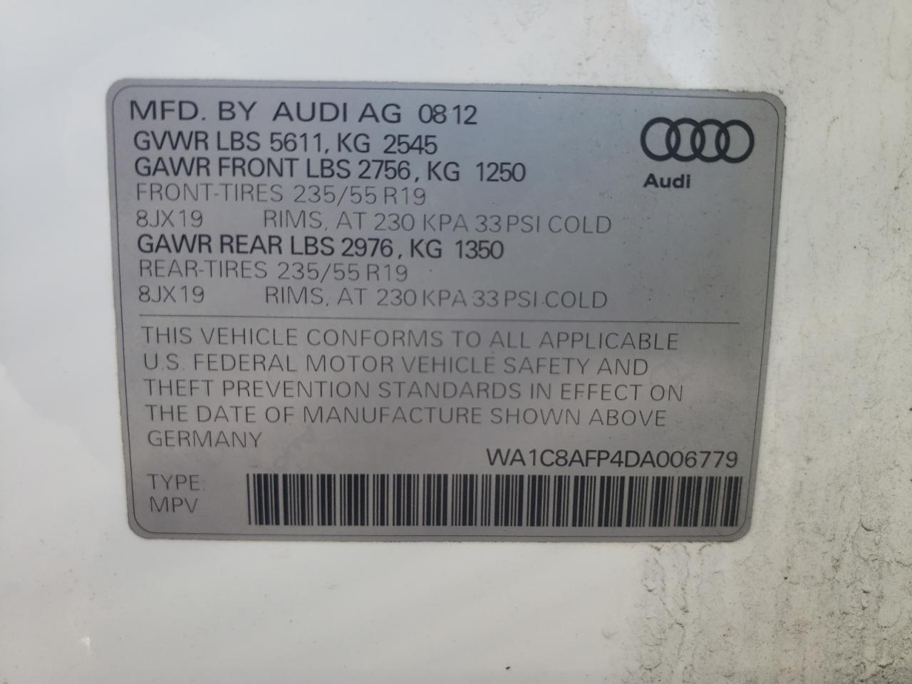 Photo 10 from auction – 2013 AUDI Q5 PREMIUM with VIN WA1C8AFP4DA006779
