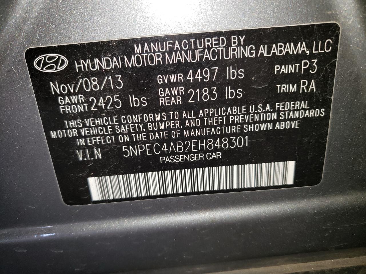 Photo 10 from auction – 2014 HYUNDAI SONATA SE with VIN 5NPEC4AB2EH848301