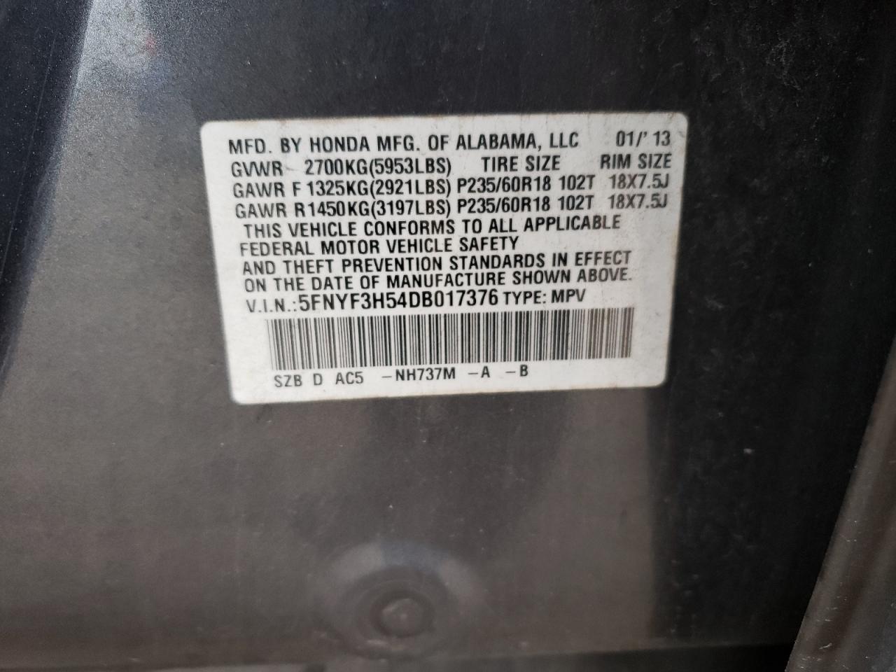 Photo 10 from auction – 2013 HONDA PILOT EXL with VIN 5FNYF3H54DB017376