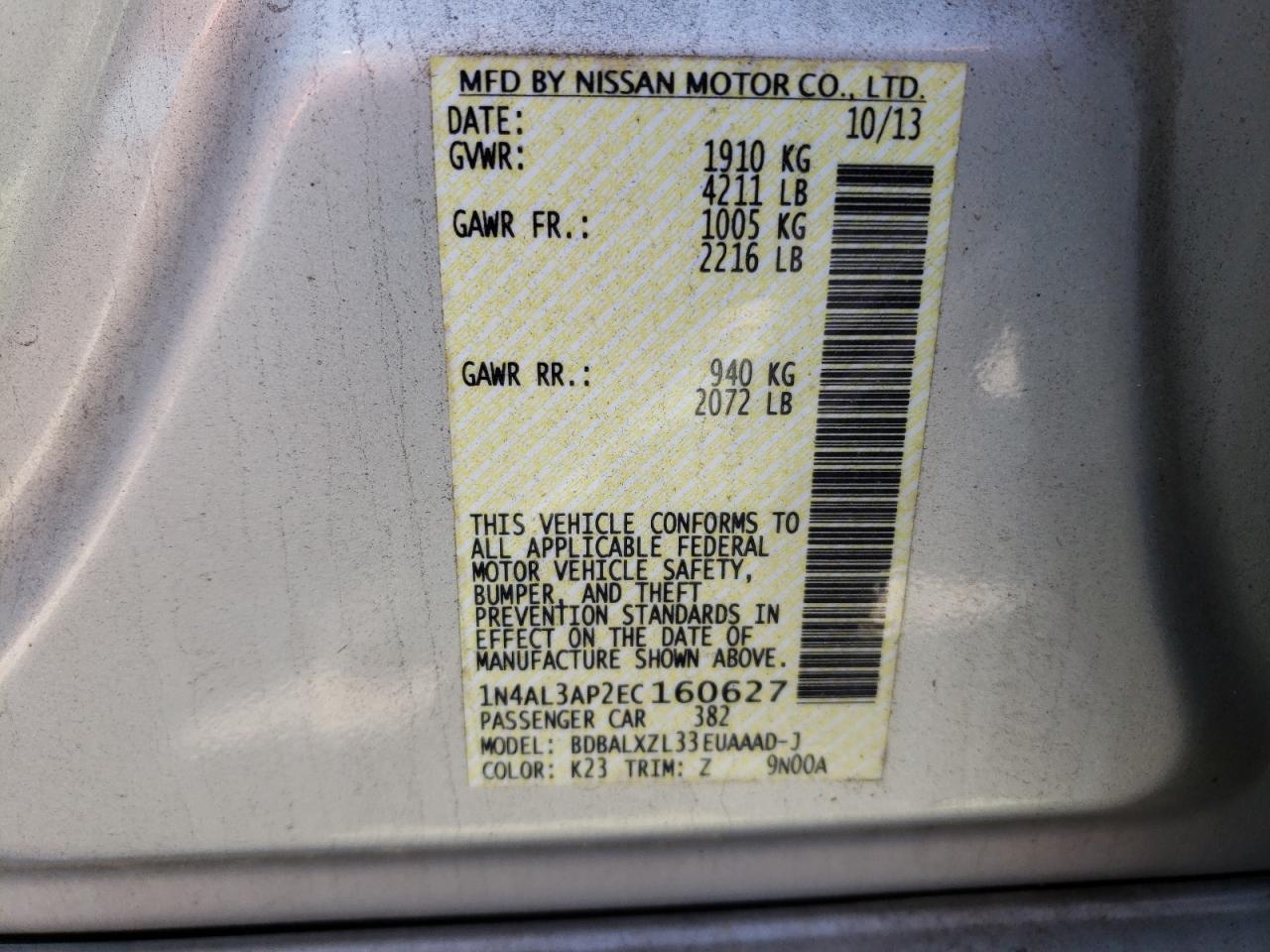 Photo 10 from auction – 2014 NISSAN ALTIMA 2.5 with VIN 1N4AL3AP2EC160627