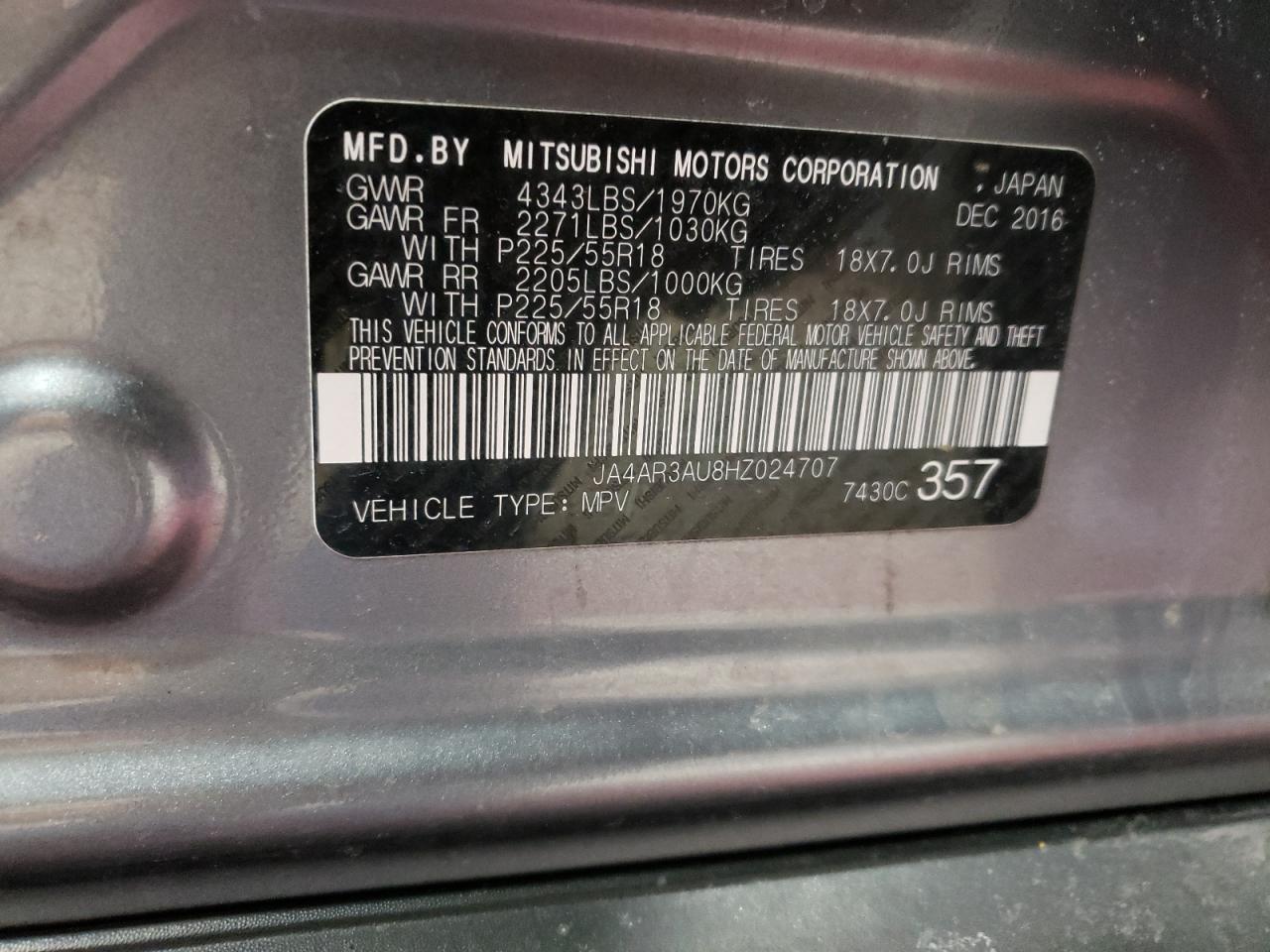 Photo 10 from auction – 2017 MITSUBISHI OUTLANDER with VIN JA4AR3AU8HZ024707