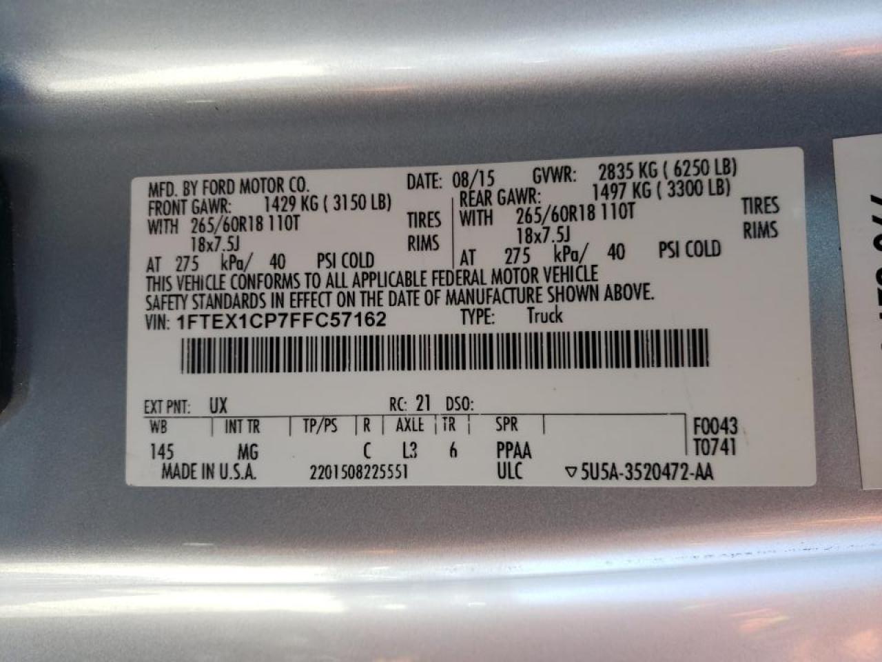 Photo 10 from auction – 2015 FORD F150 SUPER with VIN 1FTEX1CP7FFC57162