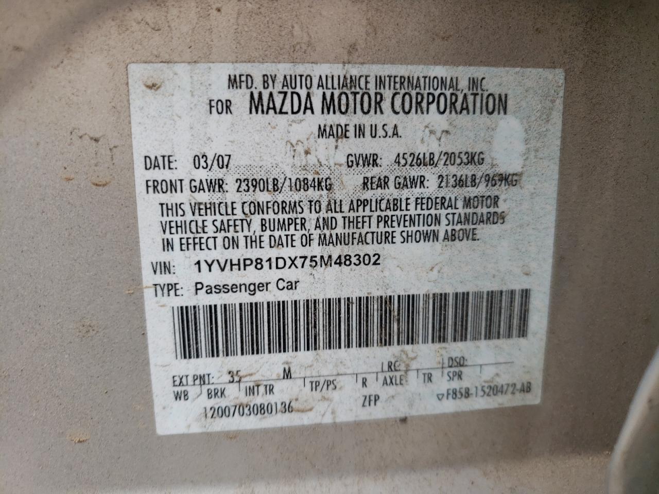 Photo 10 from auction – 2007 MAZDA 6 with VIN 1YVHP81DX75M48302