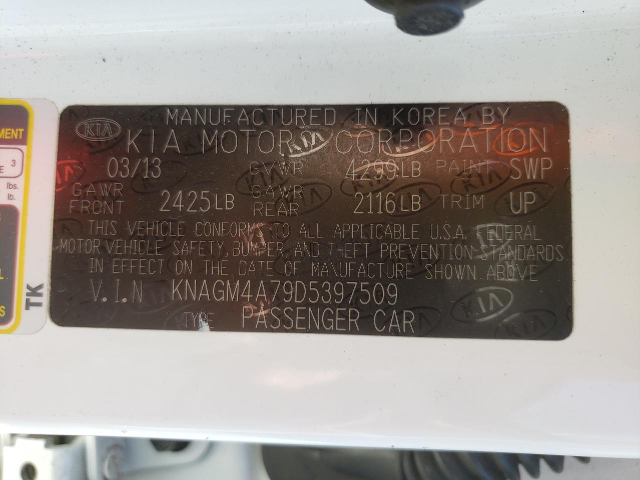 Photo 10 from auction – 2013 KIA OPTIMA LX with VIN KNAGM4A79D5397509