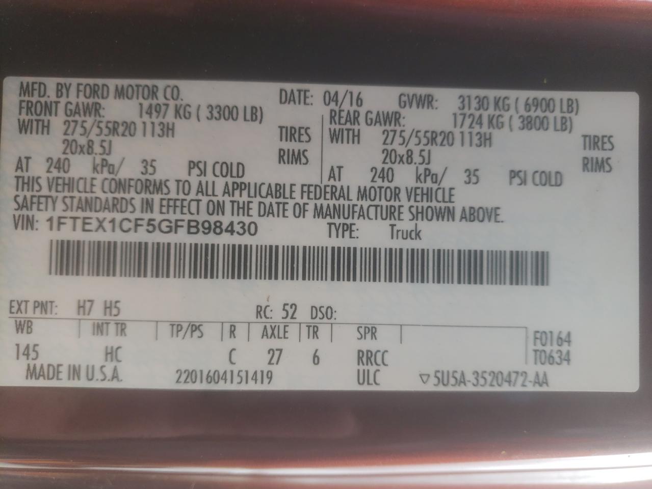 Photo 10 from auction – 2016 FORD F150 SUPER with VIN 1FTEX1CF5GFB98430
