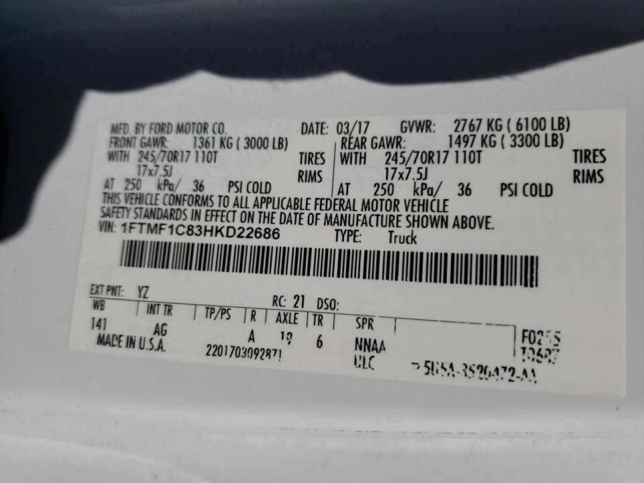 Photo 10 from auction – 2017 FORD F150 with VIN 1FTMF1C83HKD22686