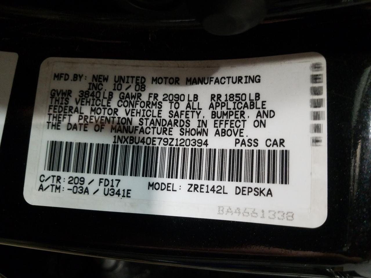 Photo 10 from auction – 2009 TOYOTA COROLLA BA with VIN 1NXBU40E79Z120394