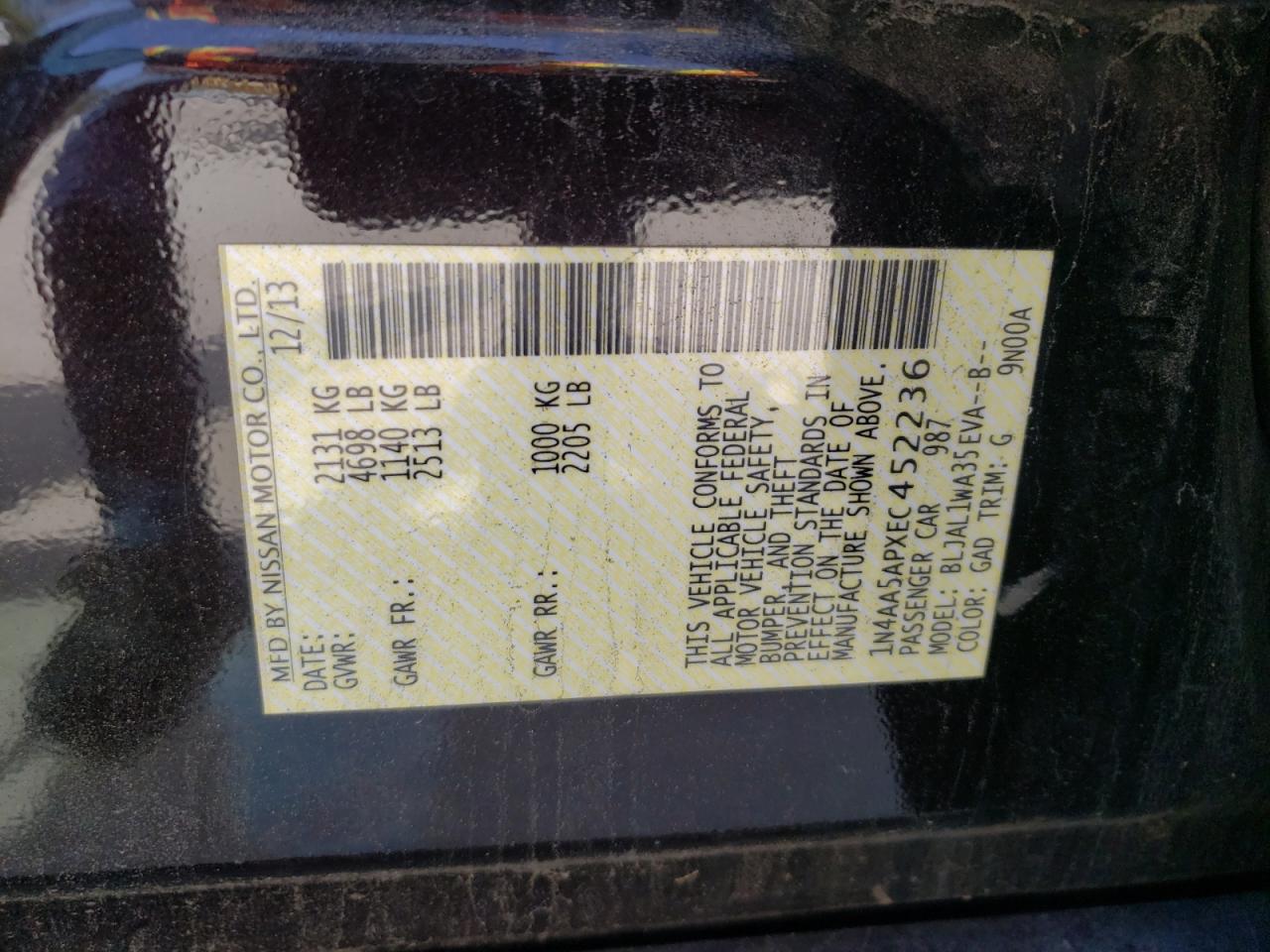Фото 10 с аукциона – 2014 NISSAN MAXIMA S с VIN 1N4AA5APXEC452236